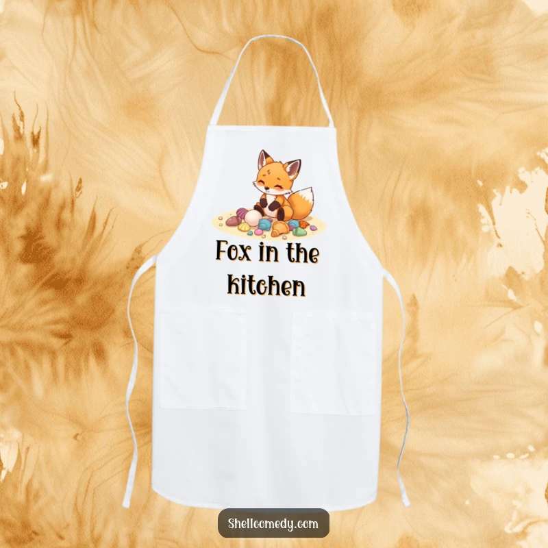 Funny fox cub apron arranging colorful seashells on sand with delight, great for collectors.