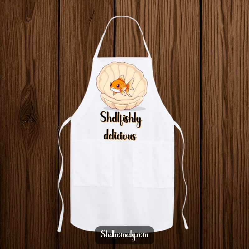 Funny Goldfish Apron: A happy goldfish swims playfully through a large, empty Seashell, a delightful kitchen accessory.