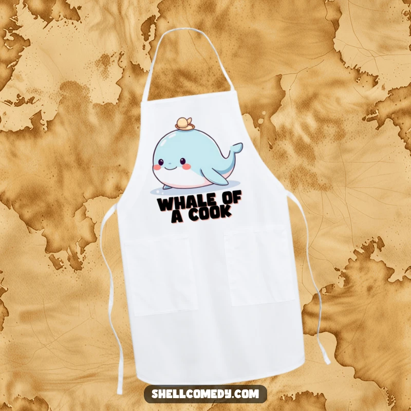 Funny whale apron featuring a happy whale with a shell on its head, adding humorous ocean flair to cooking duties.