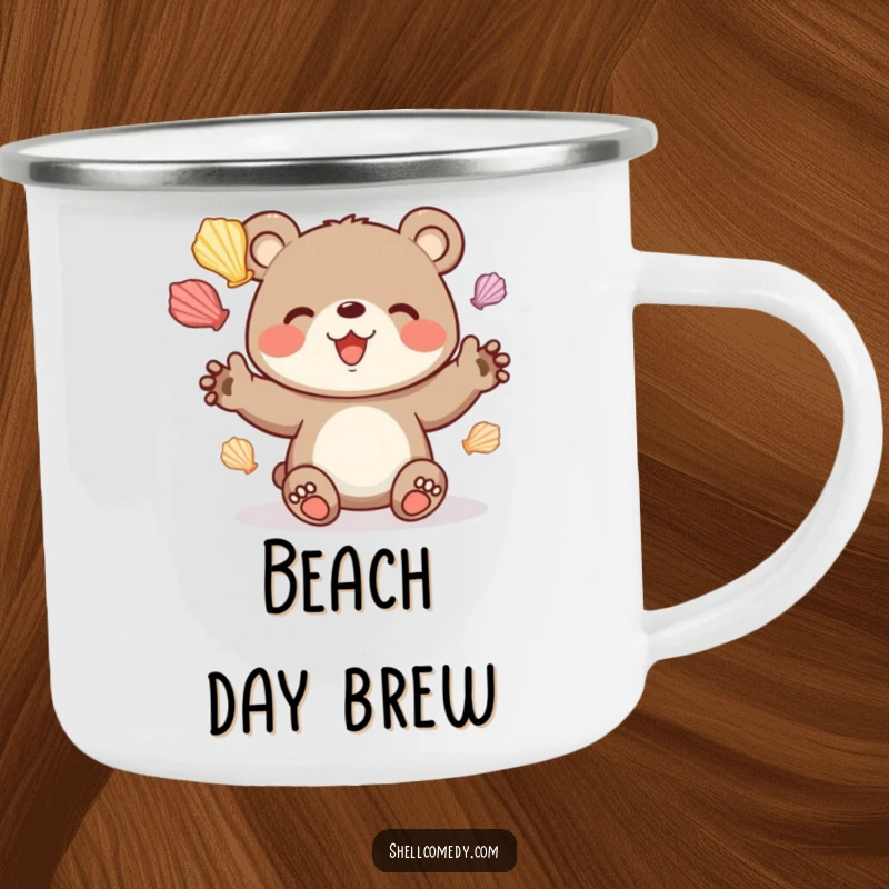 Funny bear cub camping mug juggling colorful seashells with delight, durable for outdoors.