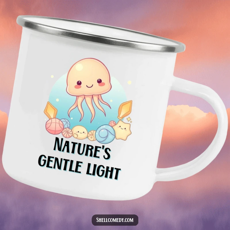 Funny Jellyfish Camping Mug: A content jellyfish floats serenely beside luminous shells, bringing underwater calm to the campsite.
