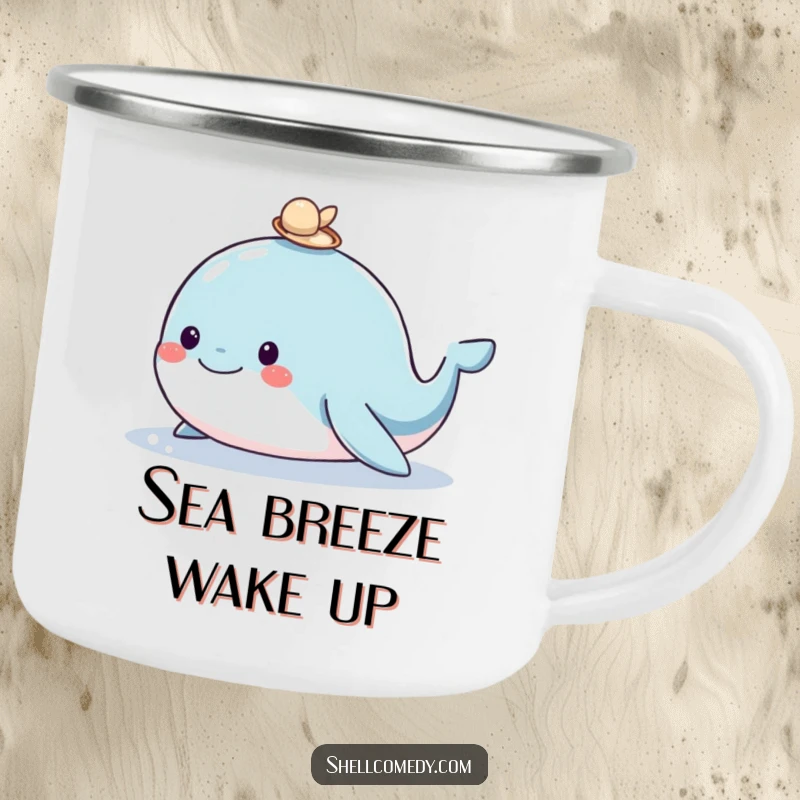 Funny whale camping mug showing a happy whale with a shell, perfect for enjoying drinks during outdoor adventures with a smile.