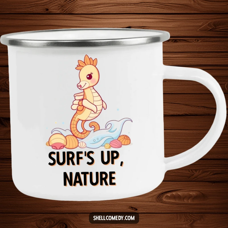 Funny Seahorse Camping Mug: A grinning seahorse rides a gentle wave towards a collection of shells, bringing seaside vibes to the campsite.