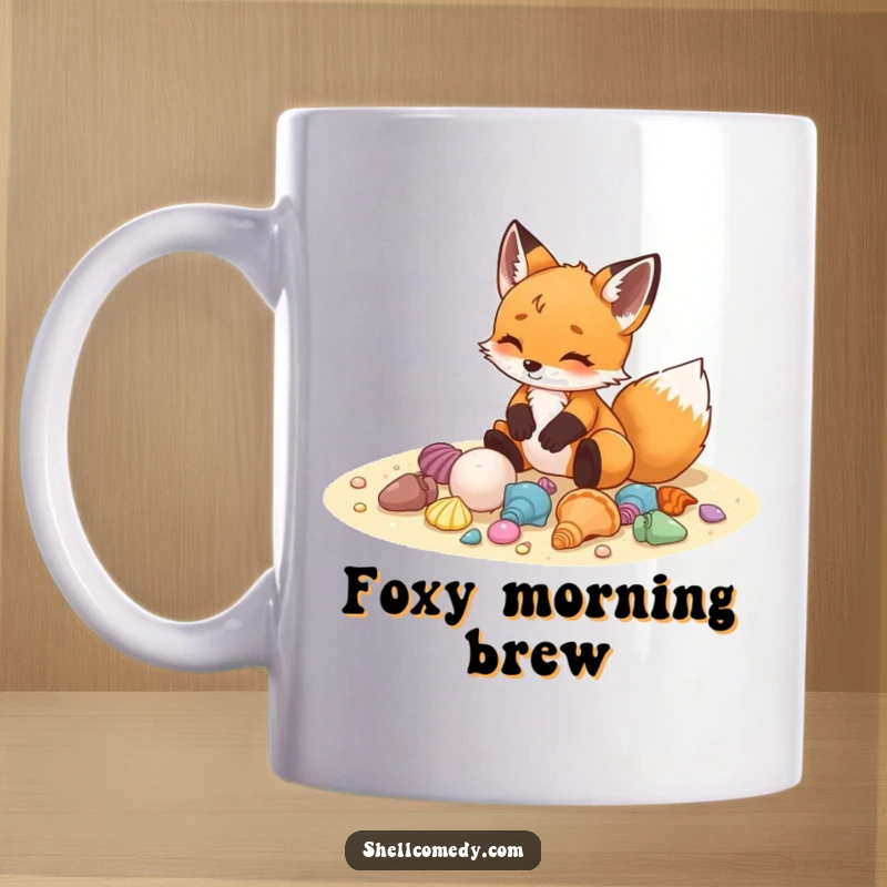 Funny fox cub mug arranging colorful seashells on sand with delight, beach collector gift.