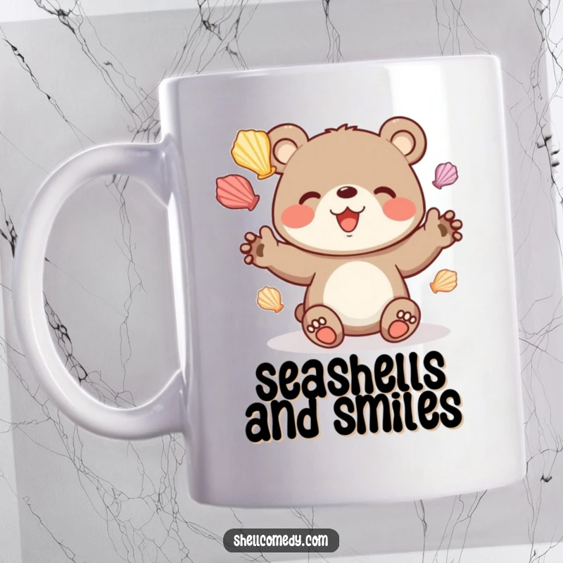 Funny bear cub mug juggling colorful seashells with delight, perfect beach lover gift.