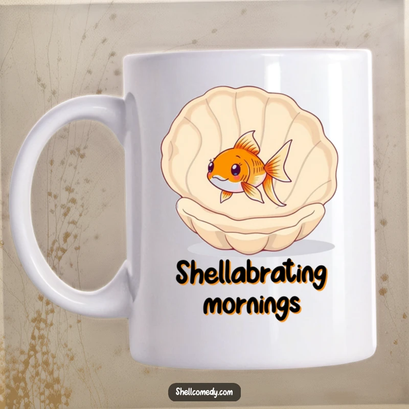 Funny Goldfish Mug: A happy goldfish swims playfully inside a large, empty seashell, exploring its new underwater home.