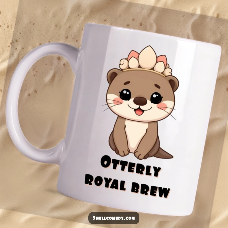 Funny otter cub mug wearing a seashell crown and smiling proudly, royal creature gift.