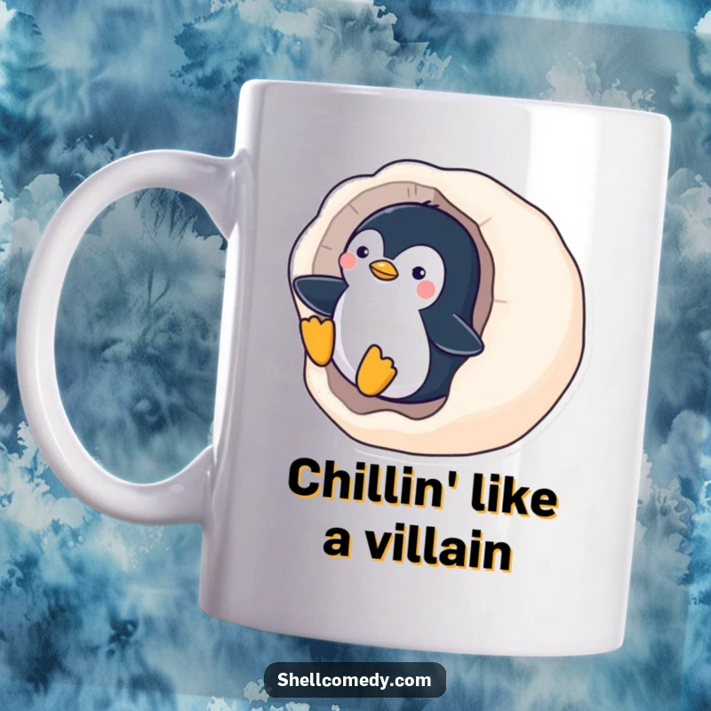 Funny Penguin Mug: A playful penguin gleefully slides down a smooth, polished seashell, enjoying the ride.