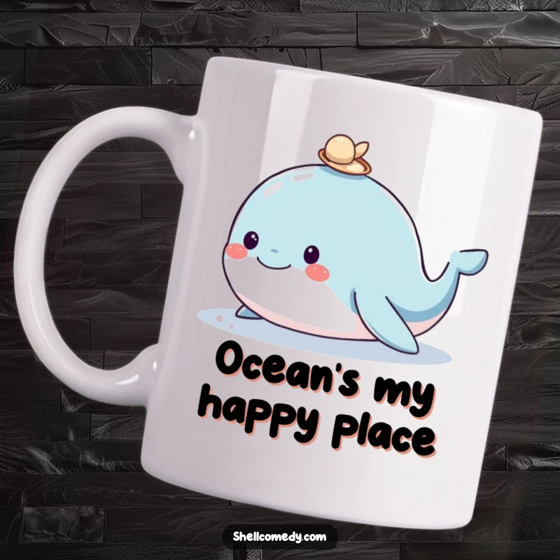 Funny whale mug featuring a happy whale surfacing with a tiny shell balanced humorously on its head, embodying ocean serenity.