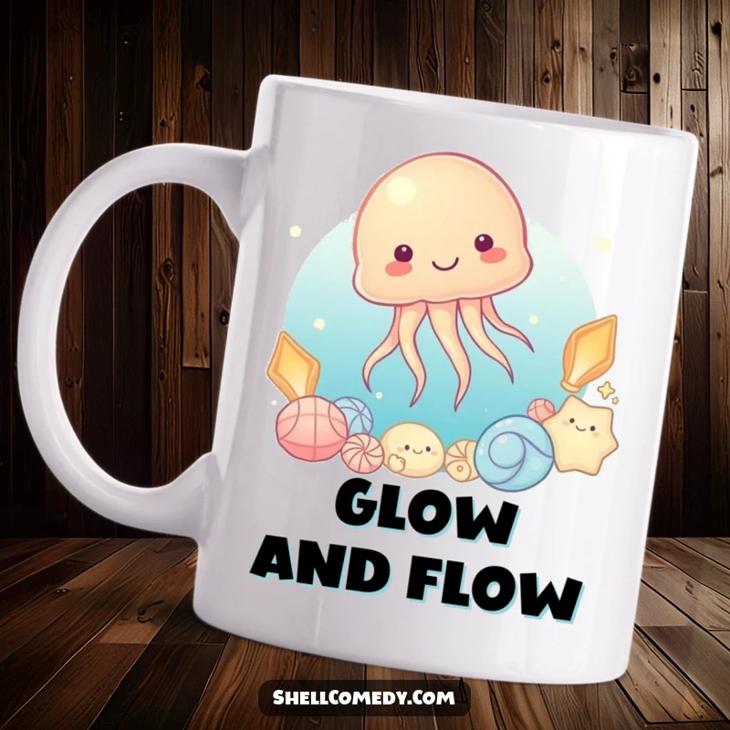 Funny Jellyfish Mug: A content jellyfish floats serenely beside a stunning collection of luminous seashells.