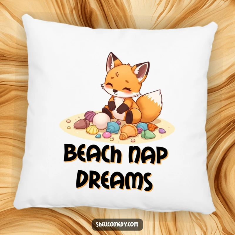 Funny fox cub pillow arranging colorful seashells on sand with delight, cozy decor.