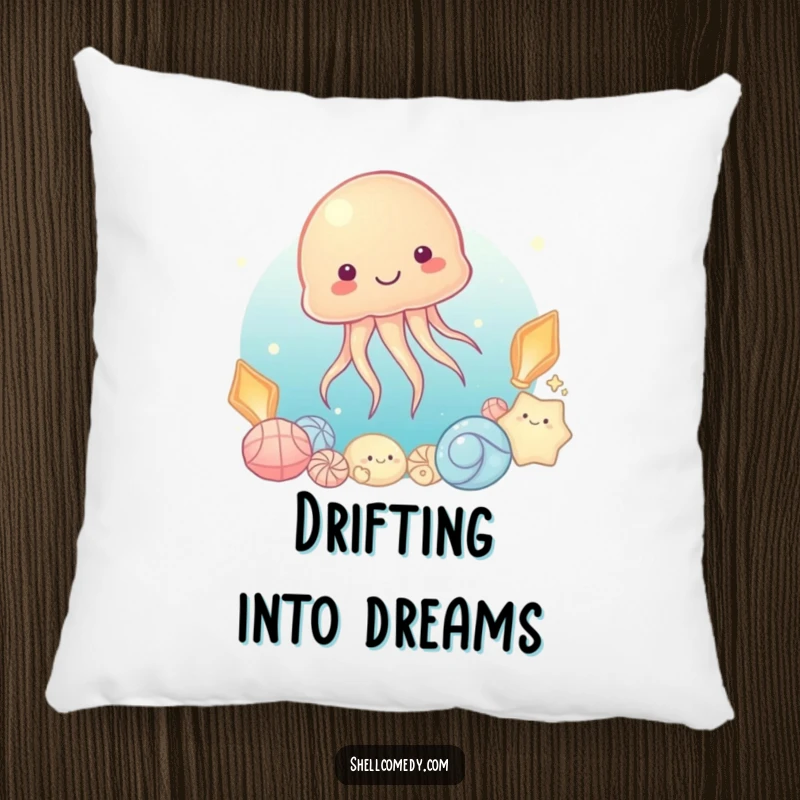 Funny Jellyfish Pillow: A content jellyfish drifts serenely near luminous shells, a symbol of underwater peace.