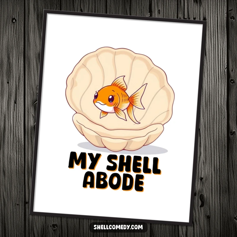 Funny Goldfish Digital Art Print: A happy goldfish swims playfully through a large, empty Seashell, a humorous underwater scene.