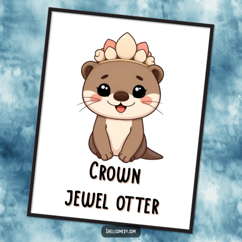 Funny otter cub digital art print wearing a seashell crown and smiling proudly, printable decor.