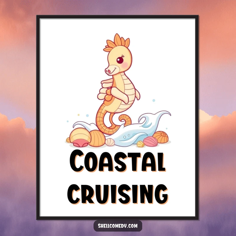 Funny Seahorse Digital Art Print: A grinning seahorse rides a gentle wave towards a collection of shells, a humorous ocean scene.