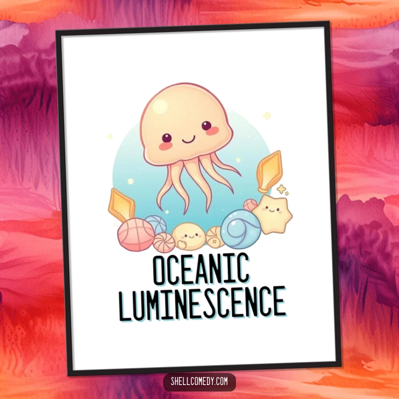 Funny Jellyfish Digital Art Print: A content jellyfish floats serenely beside luminous shells, a humorous underwater scene.