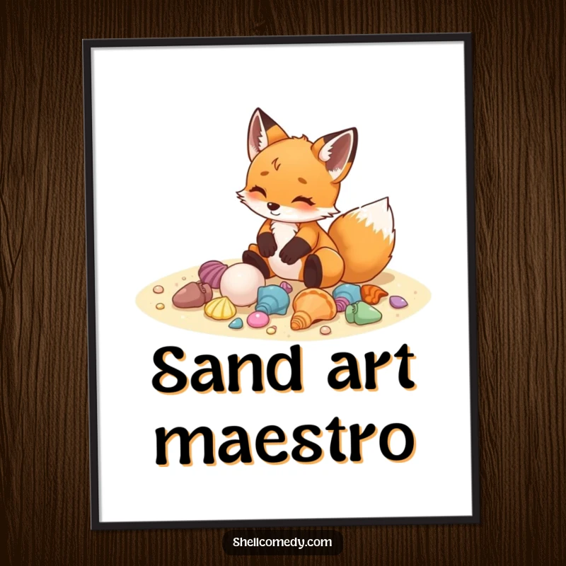 Funny fox cub digital art print arranging colorful seashells on sand with delight, printable decor.