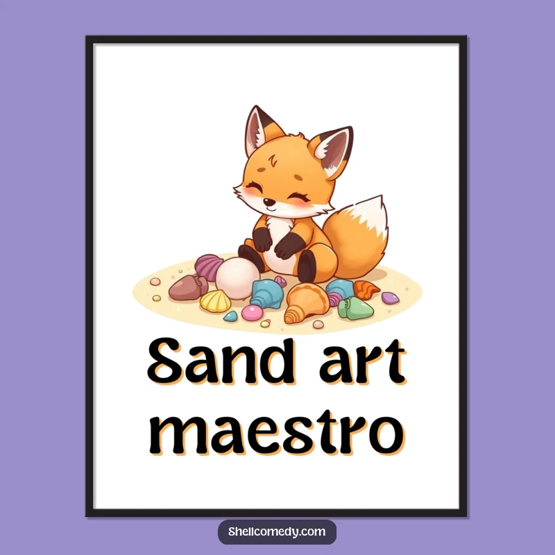 Funny Fox Cub Seashells Digital Art: Printable Beach Decor Gift