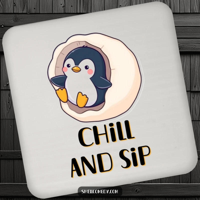 Funny Penguin Coaster: A playful penguin slides down a smooth, polished seashell, protecting your table with humor.