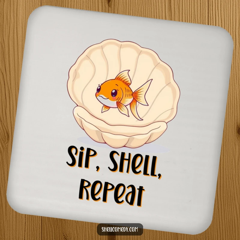 Funny Goldfish Coaster: A happy goldfish swims playfully through a large, empty Seashell, protecting your table with humor.