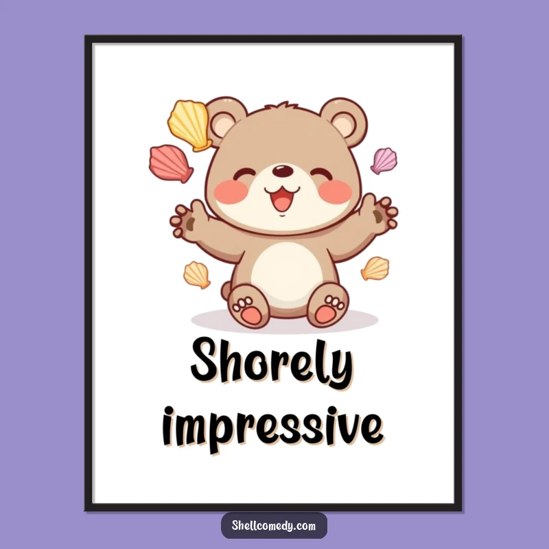 Funny Bear Cub Juggling Seashells Poster: Cheerful Beach Art Gift