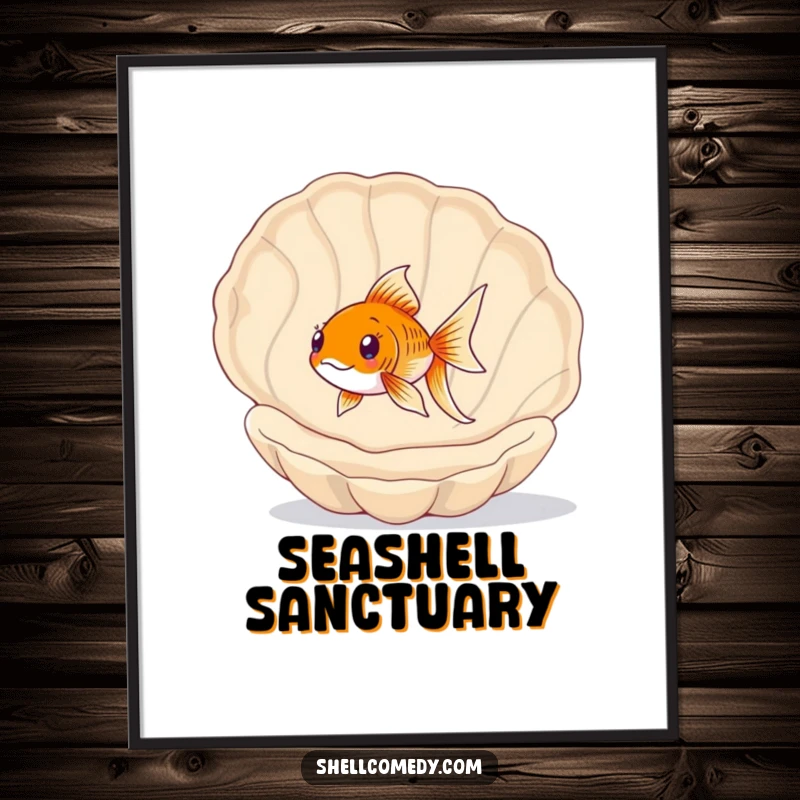 Funny Goldfish Poster: A happy goldfish swims playfully inside a large, empty Seashell, exploring its grand underwater discovery.