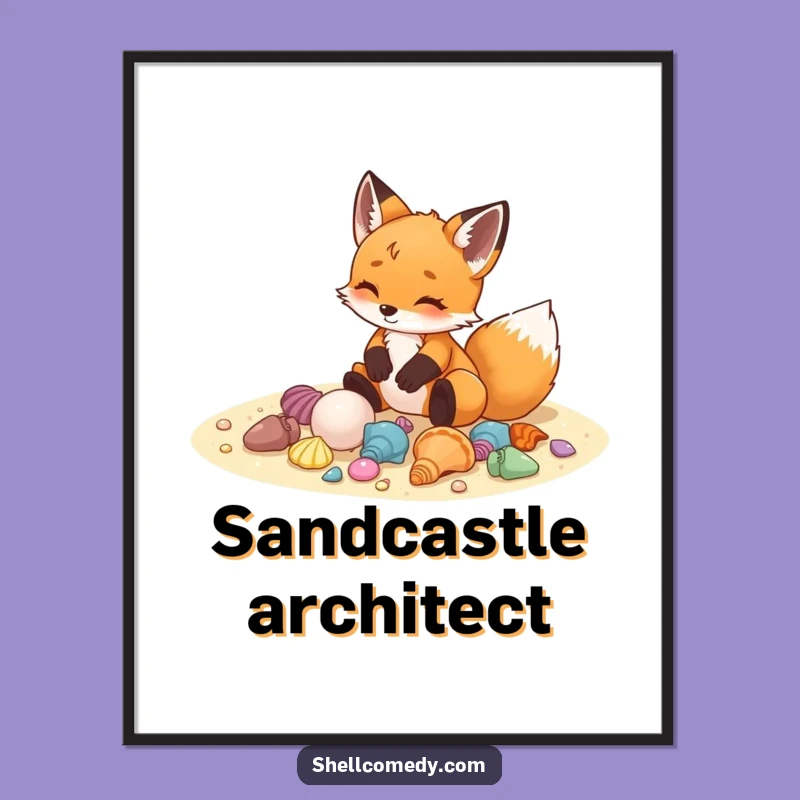 Funny Fox Cub Seashells Poster: Delighted Beach Art Gift
