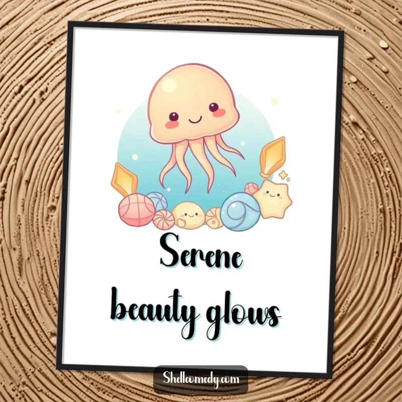 Funny Jellyfish Poster: A content jellyfish floats serenely beside a collection of luminous shells, creating a magical underwater scene.