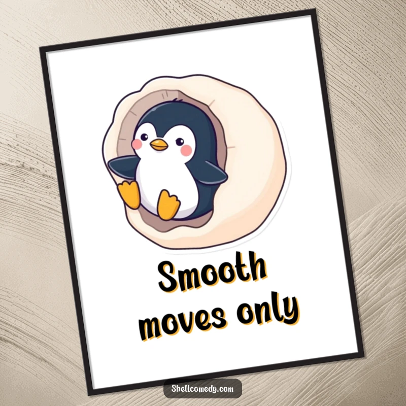 Funny Penguin Poster: A playful penguin slides with glee down a smooth, polished seashell, embodying winter fun.