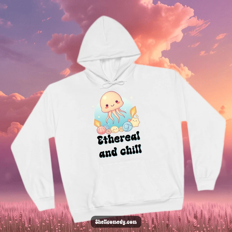 Funny Jellyfish Hoodie: A content jellyfish floats serenely beside a treasure of luminous shells, radiating peace.