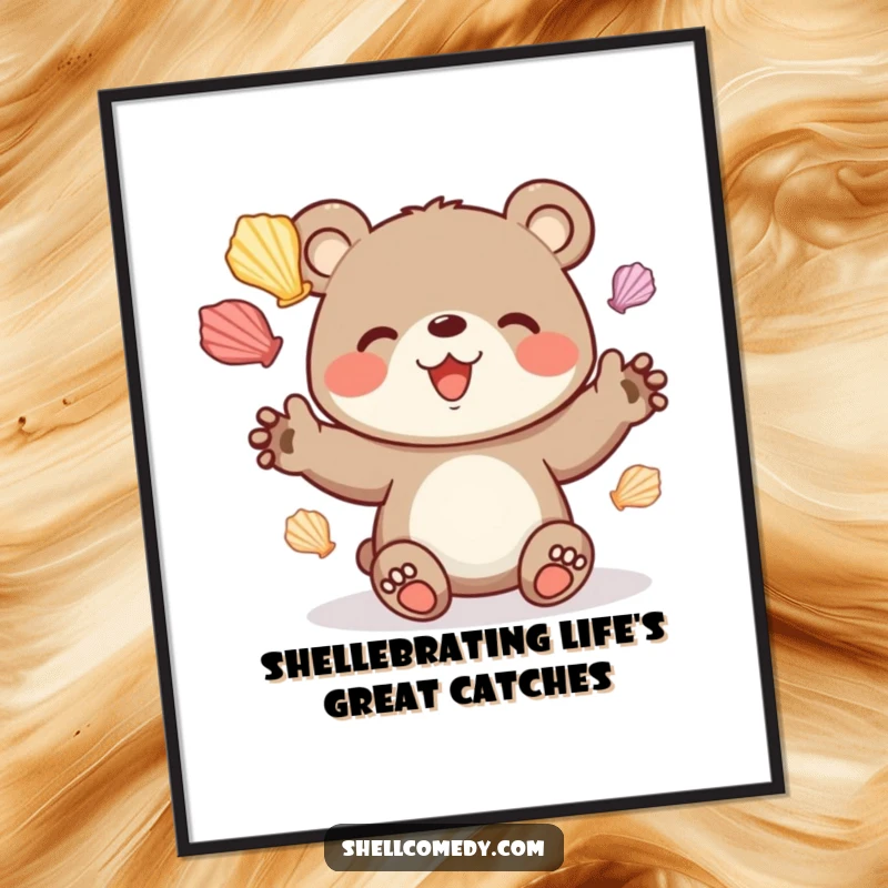 Free printable wall art of a cheerful bear cub juggling several colorful seashells with pure delight and enthusiasm.