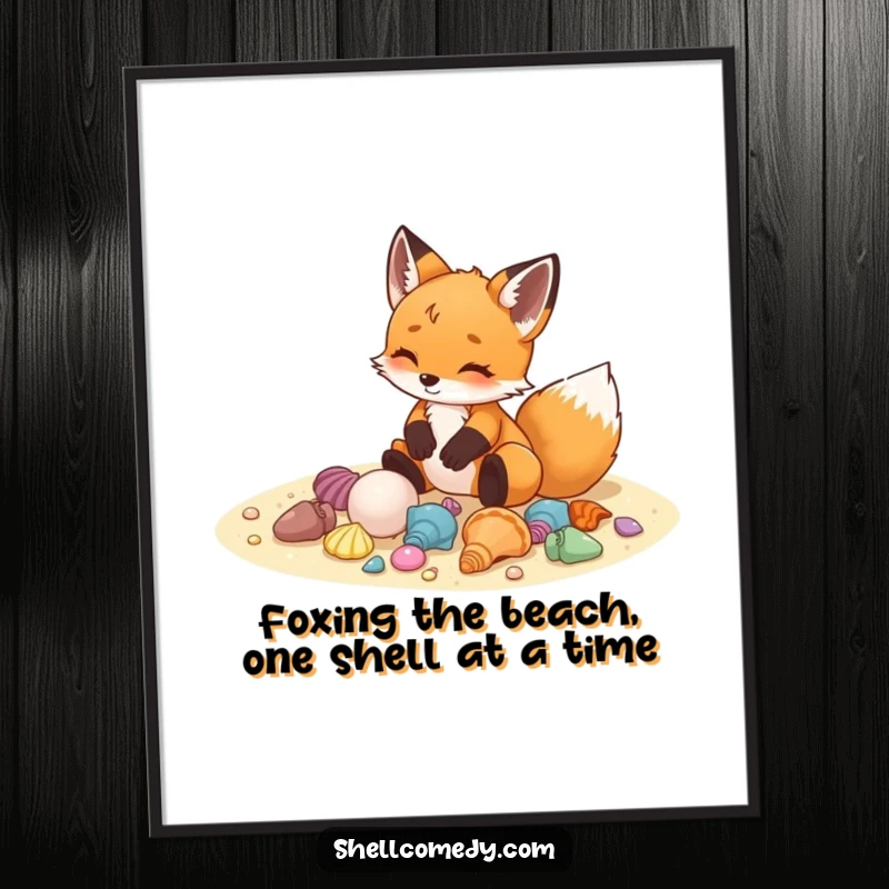 Free printable wall art of a delighted fox cub meticulously arranging a collection of colorful seashells on the sand, creating beach art.