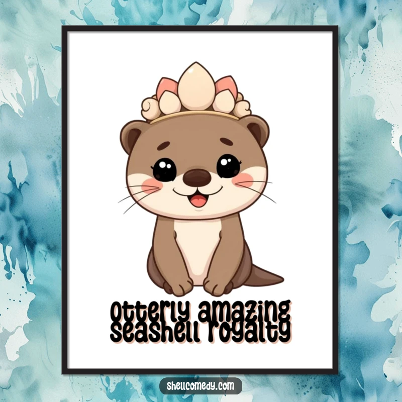 Free printable wall art of a happy otter cub wearing an ornate seashell crown and smiling proudly, exuding charm.