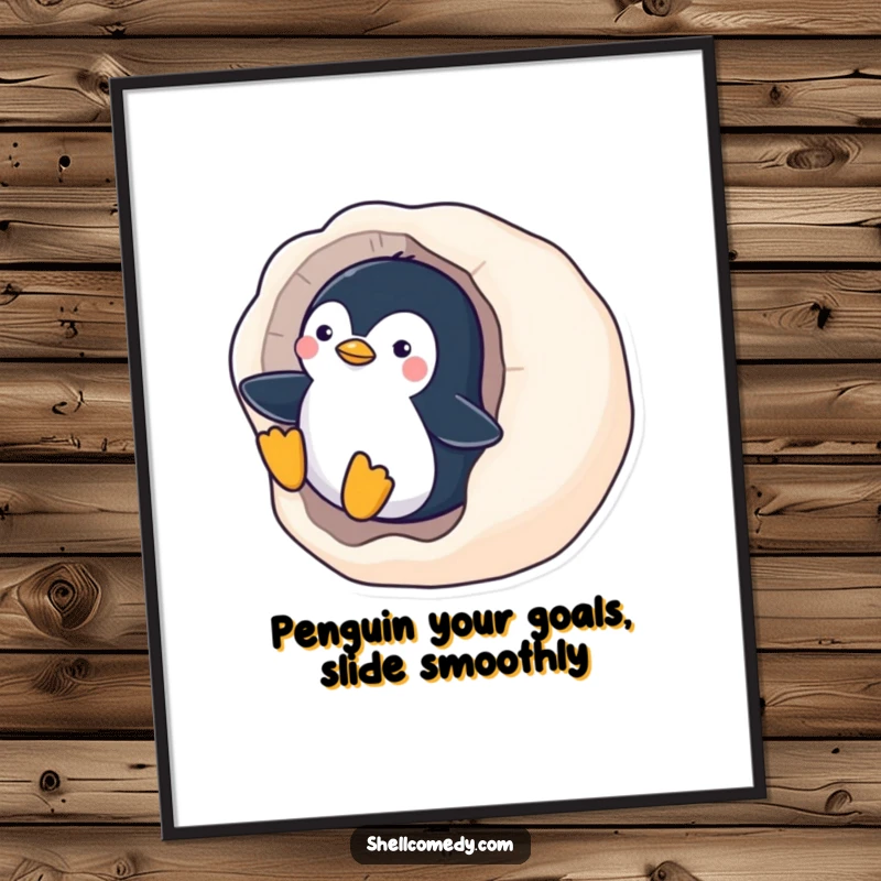 Funny Free Printable Wall Art: A playful penguin shows off its sliding skills down a smooth, polished seashell, pure joy.