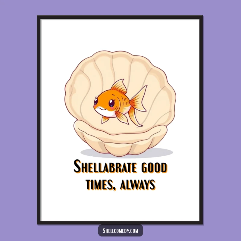 Funny Free Printable Wall Art: Happy Goldfish Seashell Swimmer - Humorous Downloadable Aquatic Decor
