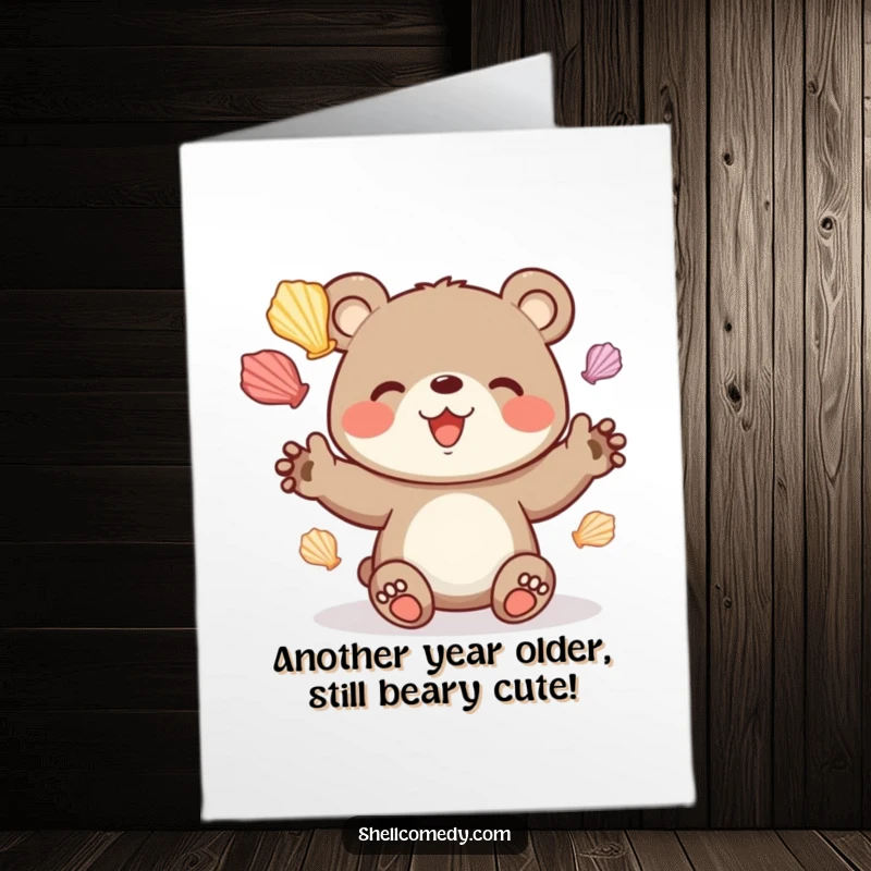 Free printable birthday card of a cheerful bear cub happily juggling several colorful seashells with pure delight.