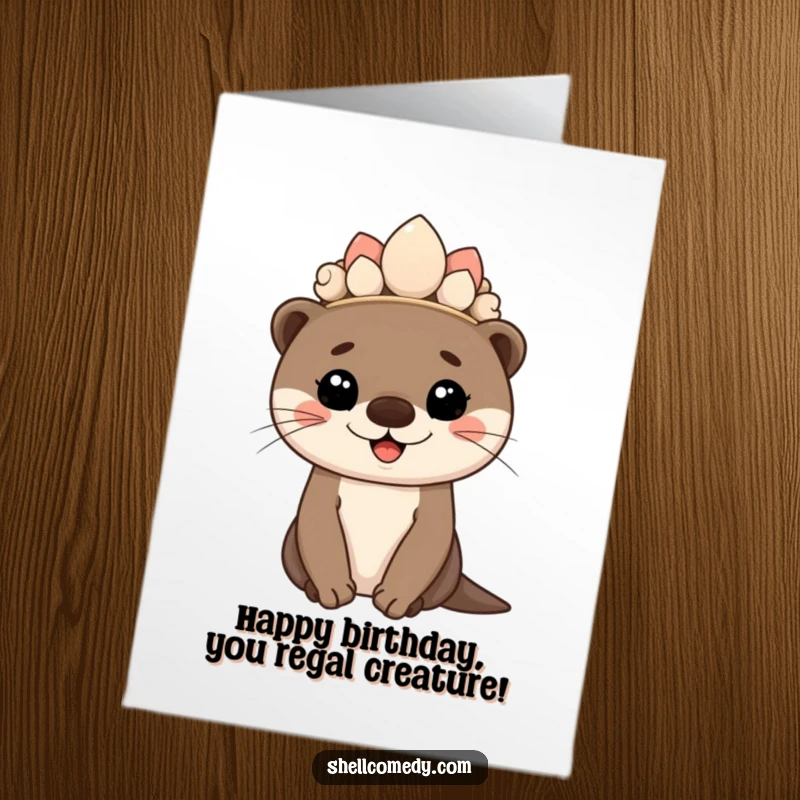 Free printable birthday card of a happy otter cub wearing a seashell crown and smiling with immense pride.
