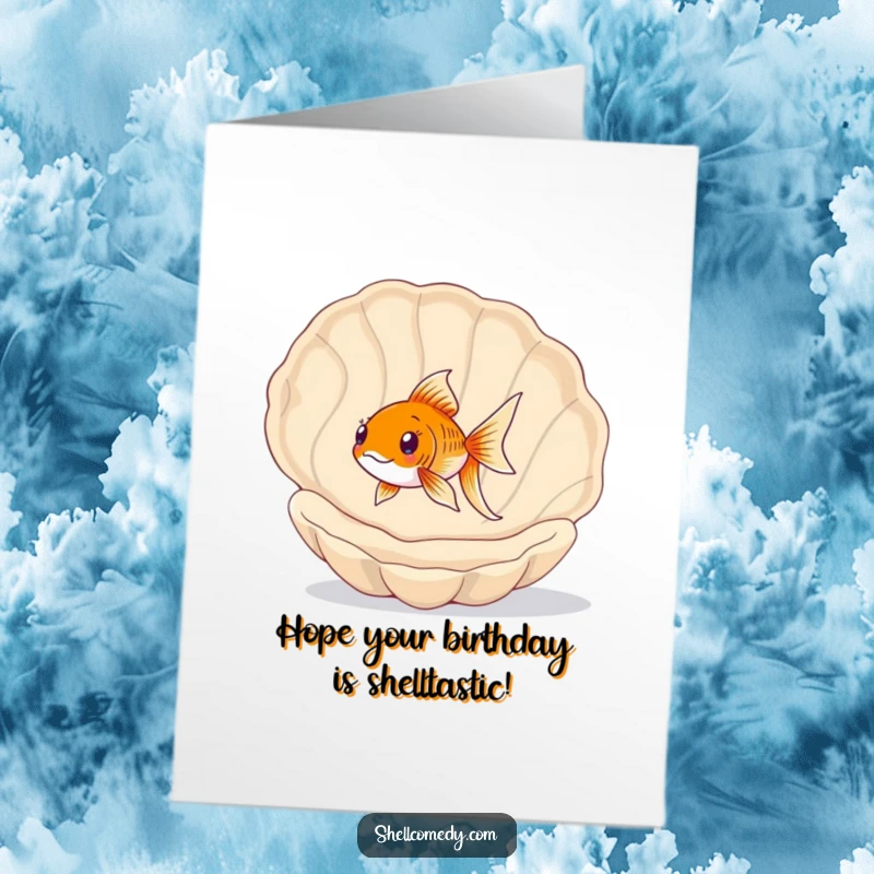 Funny Free Printable Birthday Card: A happy goldfish joyfully swims through the spacious interior of a large, empty seashell.