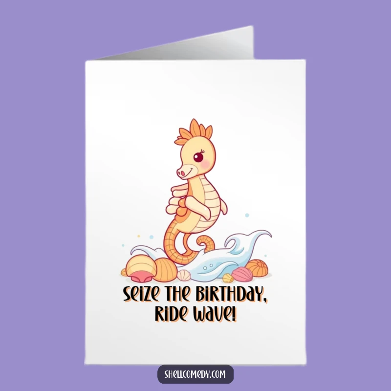 Free Printable Birthday Card: Grinning Seahorse Wave Ride - Humorous Ocean Animal Downloadable Gift