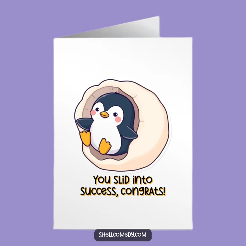 Free Printable Congrats Card: Penguin Shell Slide Triumph - Humorous Animal Downloadable Greeting