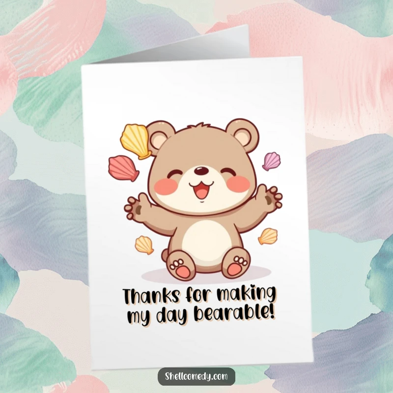Free printable thank you card with a cheerful bear cub juggling colorful seashells, expressing gratitude with delight.