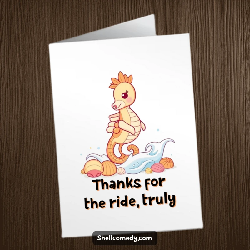 Funny Free Printable Thank You Card: A grinning seahorse glides on a gentle wave, en route to a pile of shells.