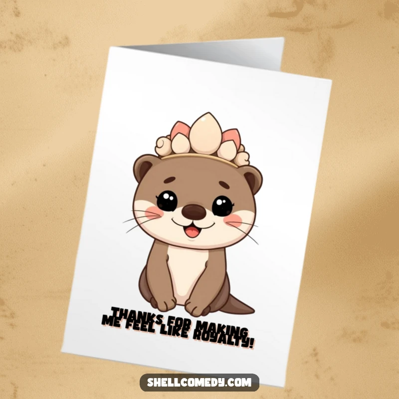 Free printable thank you card of a happy otter cub wearing a seashell crown and smiling proudly, conveying thanks.