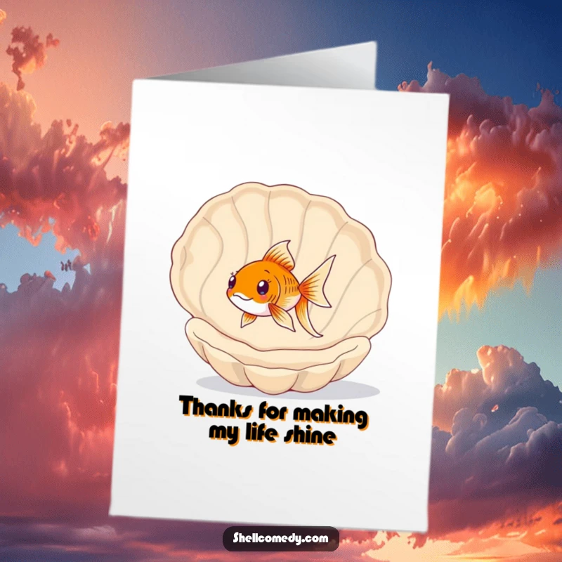Funny Free Printable Thank You Card: A happy goldfish gleefully swims within a large, vacant seashell, feeling thankful.