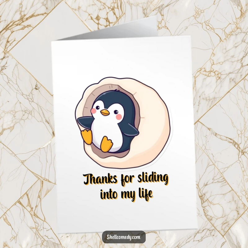 Funny Free Printable Thank You Card: A playful penguin slides down a smooth, polished seashell, feeling very thankful.