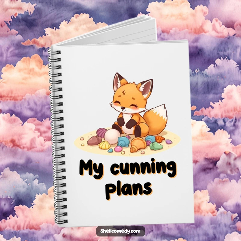 Funny fox cub notebook arranging colorful seashells on sand with delight, great for journaling.