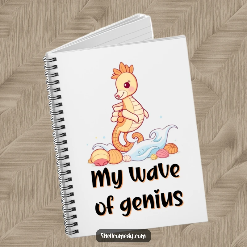 Funny Seahorse Notebook: A grinning seahorse rides a gentle wave towards a collection of shells, perfect for journaling oceanic thoughts.