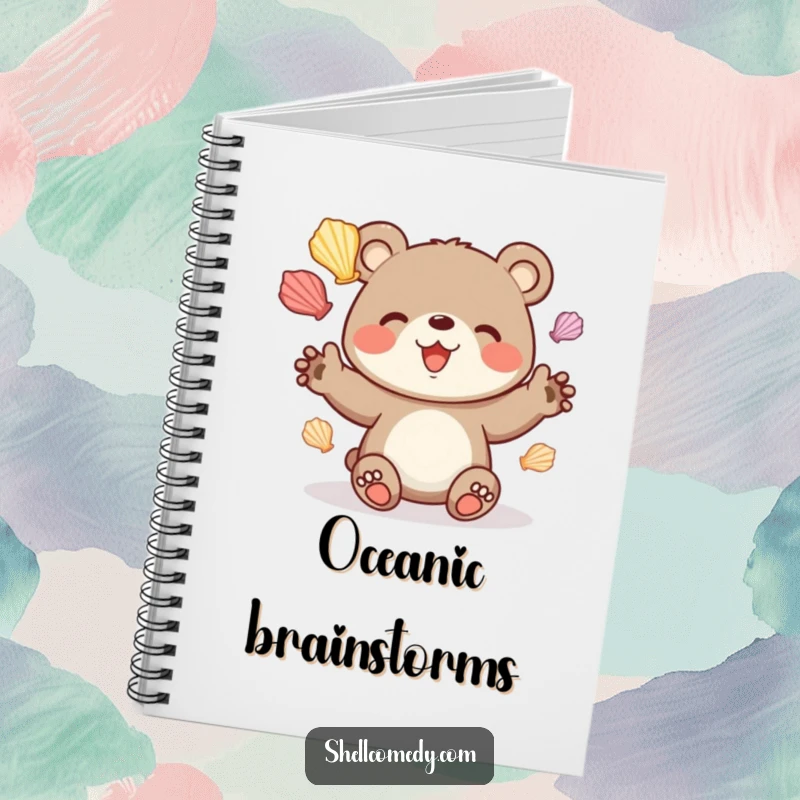 Funny bear cub notebook juggling colorful seashells with delight, great for journaling.