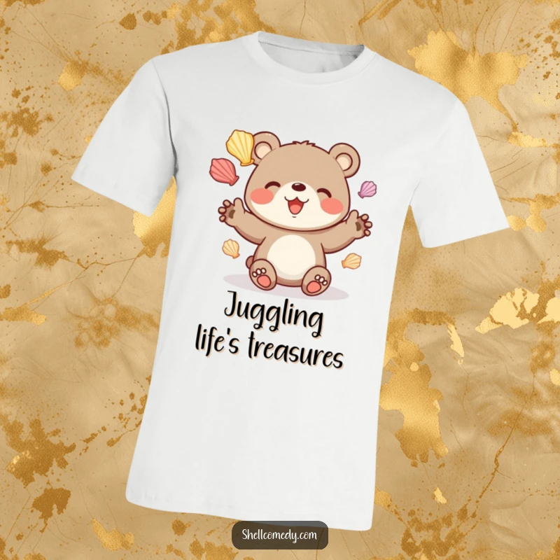 Funny bear cub t-shirt juggling colorful seashells with delight, perfect beachwear.