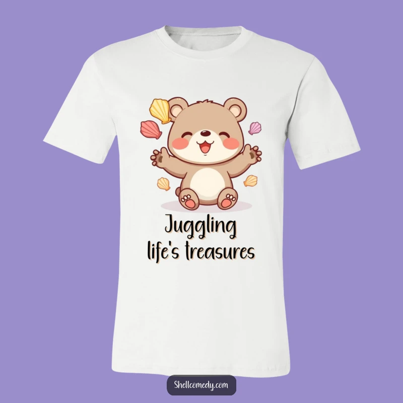 Funny Bear Cub Juggling Seashells T-Shirt: Cheerful Beach Apparel Gift